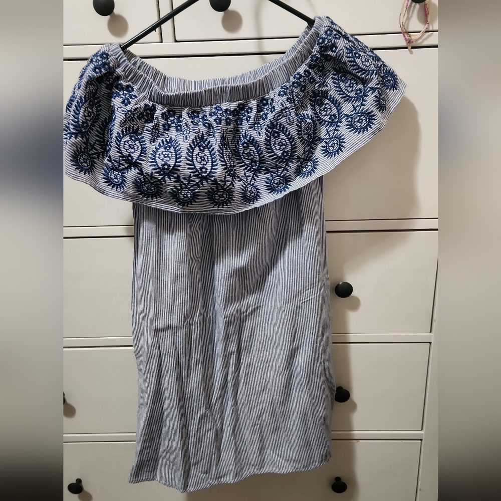 Blue embroidered off shoulder dress